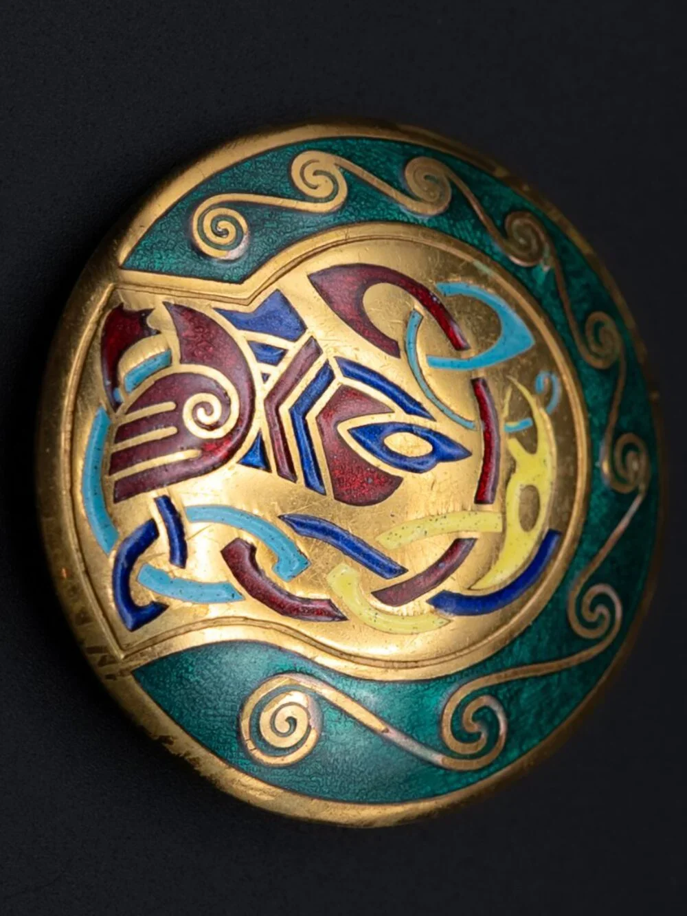 VTG Celtic Cloisonne Enamel Brooch Gold Tone Pendant Book of Kells Sheild